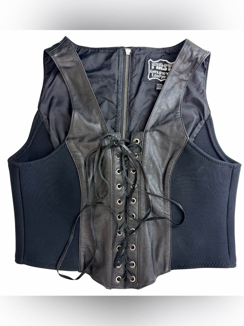 First Black Leather and Neoprene Detail Corset Lace Up Moto Vest